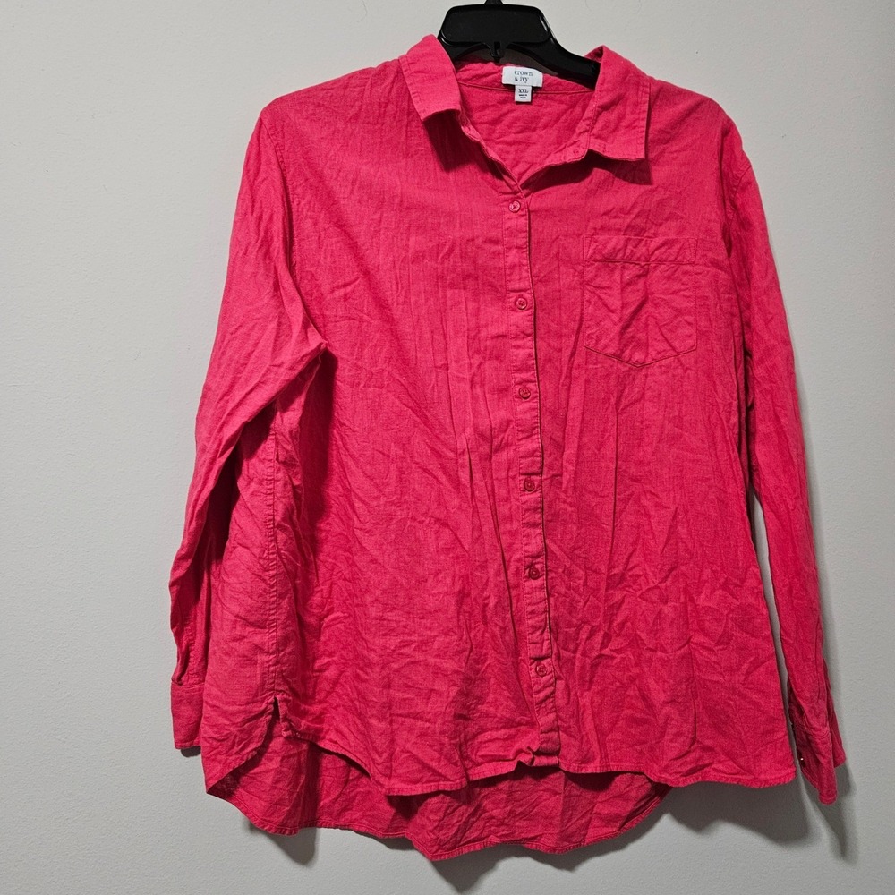 Crown & Ivy Pink Linen Cotton Blend Button Down Shirt XXL Long Sleeve High Low